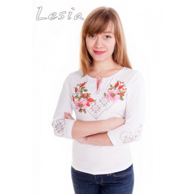 Embroidered t-shirt with 3/4 sleeves "Wild Rose" on white